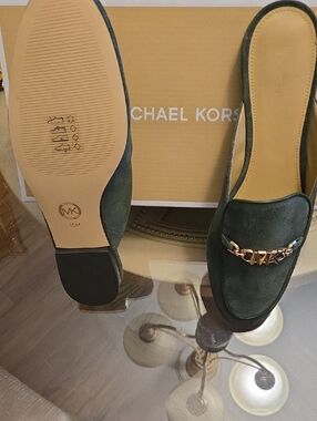 Michael Kors Dark Green Suede Slip-On Loafers with Gold MK Chain